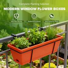 7 Pcs Window Box Planter, 43 Cm Rectangle Flower Box With Drainage Holes And Trays, Plastic Planters For Windowsill Patio Porch Garden Decor, Red - 7-piece Set - View 3