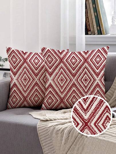 装飾クッションカバー 2枚セット、ボヘミアン幾何学柄、100%ポリエステル繊維ノンアレルギー、ビンテージリネン素材、ファスナー付き洗濯機洗い可、ミニマリストスタイリッシュライン、ソファ、リビング、寝室のホームデコレーション用クッションカバー、中身なし