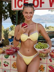 Conjunto de bikini de dos piezas con encaje y volantes para mujer, sujetador y braguita elástica para playa de verano. - Amarillo - Ver 6