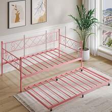 Daybed With Trundle, Trundle Bed Twin With Heart-Shaped Headboard, Sturdy Metal Day Bed With Steel Slat Support, Twin Daybed For Living Room, Bedroom And Guest Room, Easy Assembly,Pink - Hồng - Xem 4