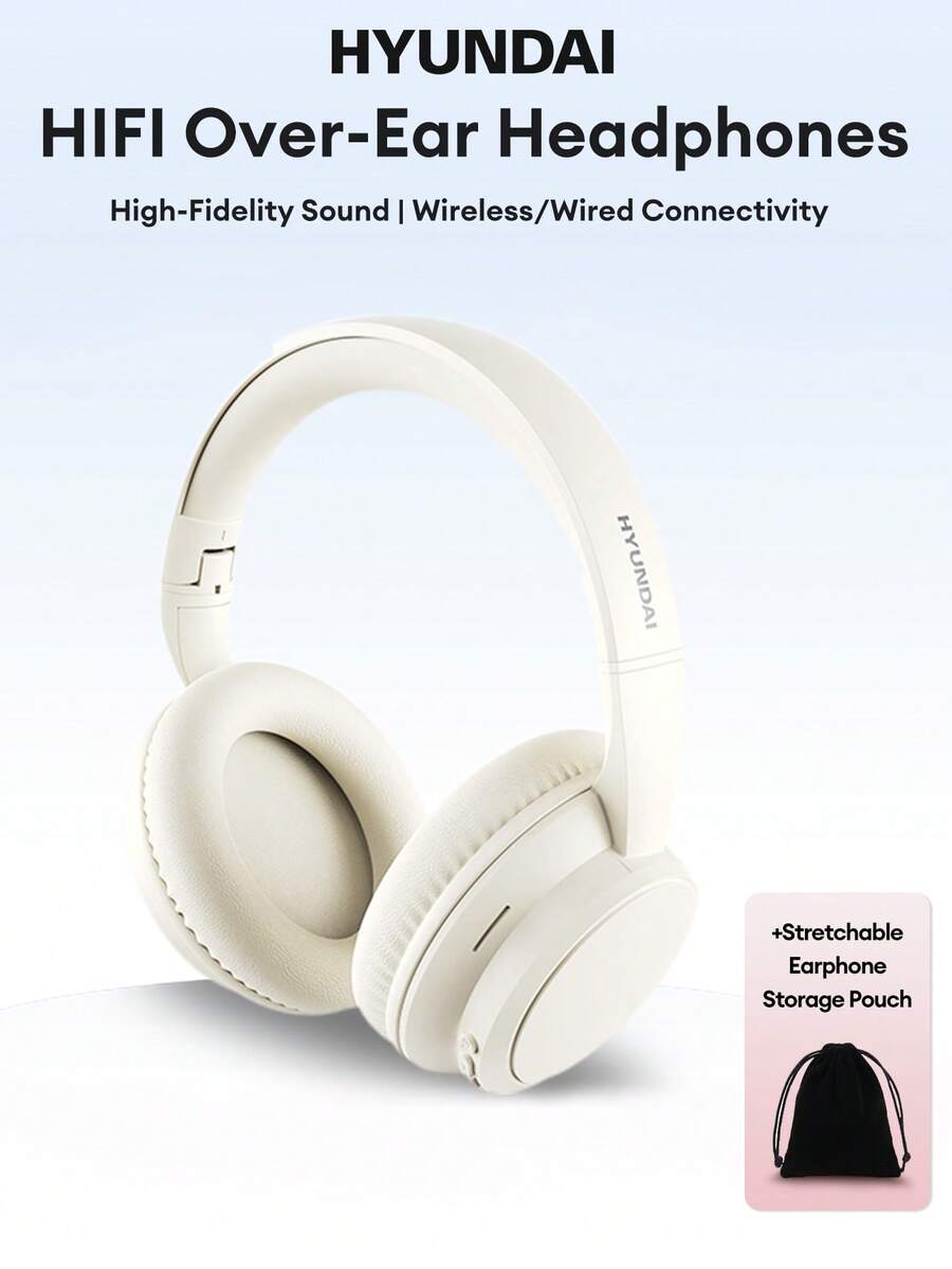 现代HY-T02MAX蓝牙耳机，带便携包，5.4 HIFI高清音质，低音浑厚，精准降噪，内置麦克风，适用于音乐、运动、游戏，低延迟，超长续航，简约商务无线耳机，兼容智能手机和平板电脑。 - 米色+收納袋 - 查看 1