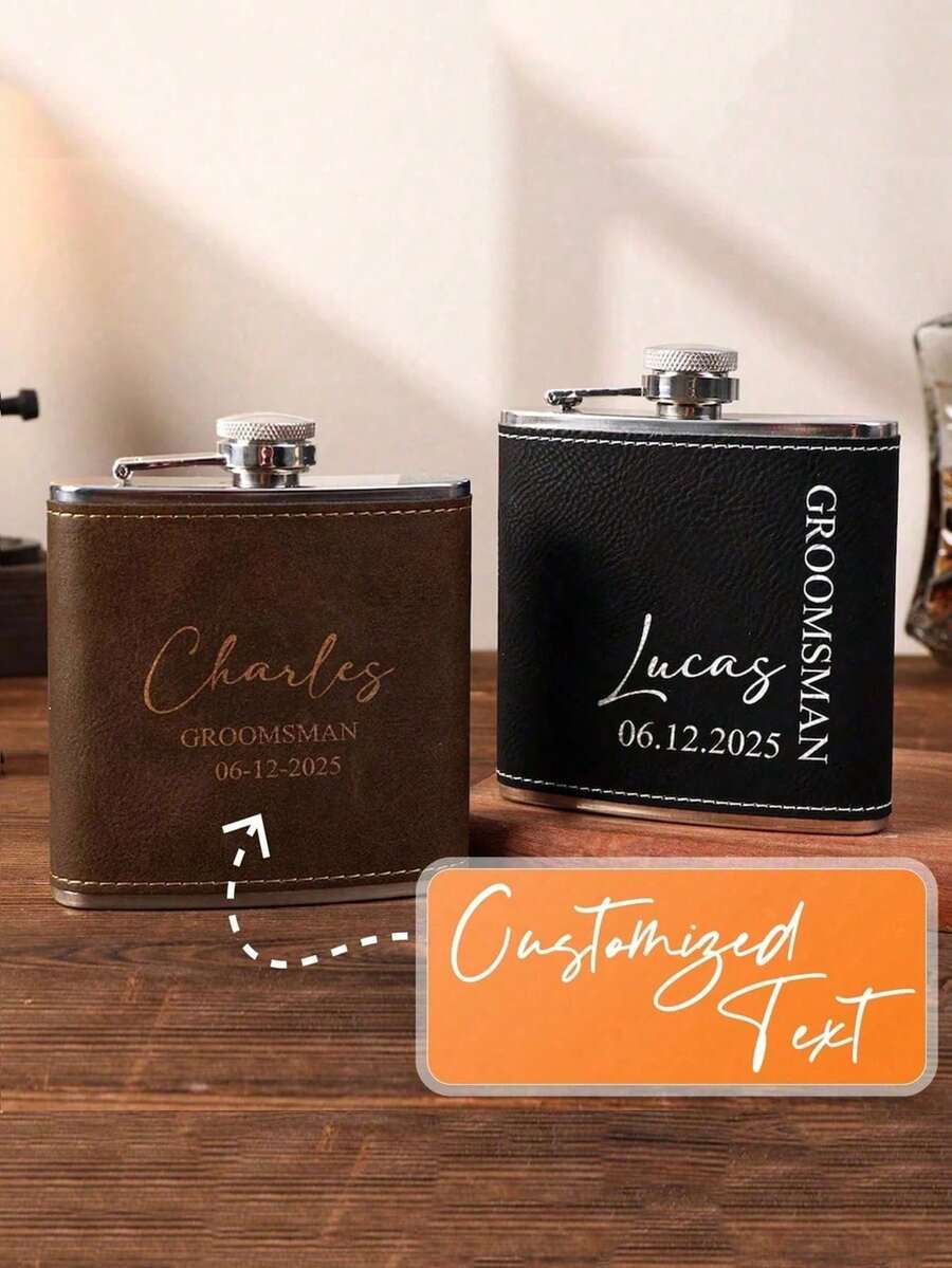 Personalized Leather Flask For Men, Customized Groomsman Proposal Flask, Best Man Wedding Gift Set, Engraved Liquor Flask For Bridal Party, Groomsman Proposal Gift - Multicolor - View 1