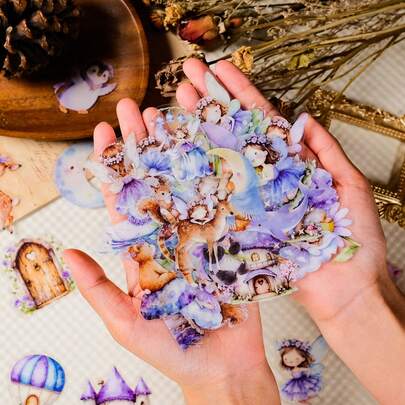 50pcs Fairy Forest Stickers Set - Cute Elves, Deer, Mushrooms, Flowers - Waterproof Stickers For Journals, Phone Cases, Laptop Decor - Purple & Blue Color Scheme - Perfect For Fantasy Lovers, Gift For Women