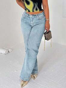 女士直筒水洗牛仔裤，饰有猫须细节，长款休闲无弹力裤 - 淺色水洗藍 - 查看 3