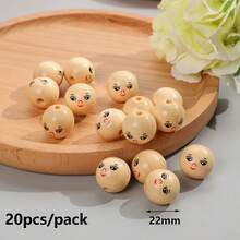 Ahknormailcui 20pcs Cute Cartoon Smiling Face Wooden Beads 25mm Kawaii Happy Expression Big Wood Loose Bead For DIY Jewelry Making Beading Necklace Bracelets Crafts - Wooden - View 9