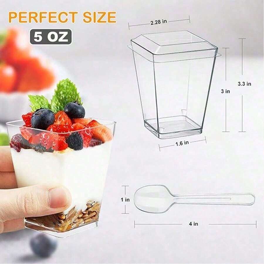25/50/100/200Pcs, 5 Oz Plastic Clear Square Parfait Cups With Spoons, Party Small Serving Dessert Bowls For Appetizers, Puddings, Mousse, Yogurt, Parfait Ice Cream - Transparent - View 1