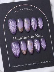 10片/套 手工杏仁形美甲贴纸，欧美制造，Y2K紫色法式神秘风格，3D手绘渐变细闪印花设计，美甲装饰。包含1片果冻胶和1把指甲锉。完美适用于日常美甲和科切拉音乐节的造型，美甲贴片及美甲护理产品。美甲用品 手工美甲贴片 - 紫色 - 查看 3
