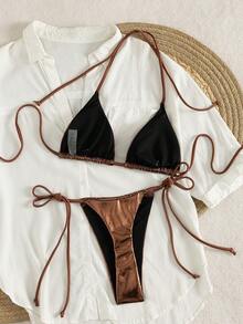 2026 Women's 2 Pieces Bikini Set, Metallic Fabric Triangle Cup Top With Side Tie Bottoms, Sexy Summer Beach Vacation Outfit - Brown - View 2