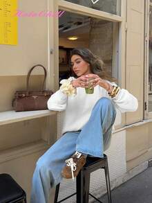 HoloChill 女士圆领落肩长袖宽松休闲套头毛衣，2026 新款，适合夏秋穿着 - 白色 - 查看 5