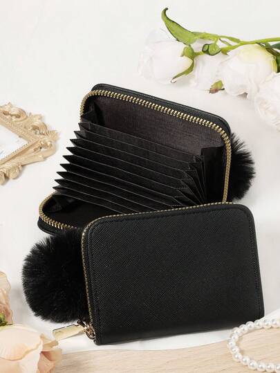 Decorated With A Furry Pom Pom Charm,Black With A Pom-Pom Charm,Versatile Coin Wallet,Letter Graphic Card Holder Multi-Card Card Organizer For Storage Credit Cards School Supplies For School Dorm Room