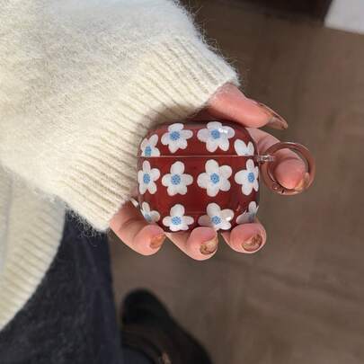 复古透明棕色底座白色花朵带挂环耳机保护套，兼容 Pro 2，可爱简约 Apple 4 新款 3 1/2 保护套（女士款）