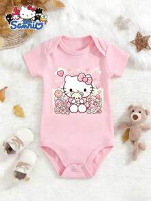 SANRIO 1pc Baby Girl Pink  Hello Kitty Graphic Short Sleeve Bodysuit - Cotton Fabric, Breathable & Comfortable, Cute Kawaii Style With  Logo, Perfect For Daily Wear & Baby Shower Gifts - Hồng - Xem 1