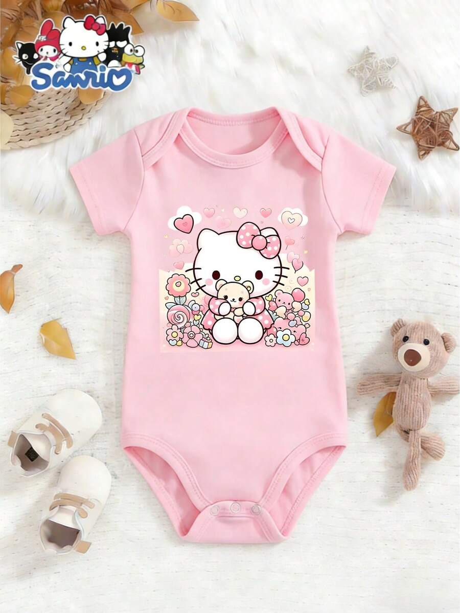 SANRIO 1pc Baby Girl Pink  Hello Kitty Graphic Short Sleeve Bodysuit - Cotton Fabric, Breathable & Comfortable, Cute Kawaii Style With  Logo, Perfect For Daily Wear & Baby Shower Gifts - Hồng - Xem 1