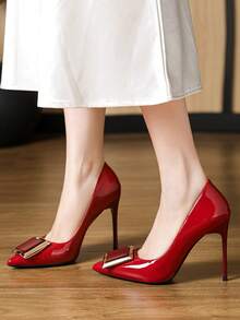 Zapatos de tacón alto de charol francés para mujer Zapatos planos sensuales negros con tacón de aguja y punta afilada para mujer - Rojo - Ver 3