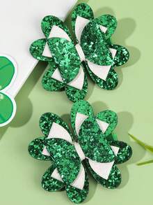 2pcs Green Glitter Hair Bows For Girls Cute Hair Clips St. Patrick's Day Theme Party Hairpins Side-Parted Bangs, Side Hair, Ponytail Barrettes Girls Teens Hair Accessories - Green - View 1