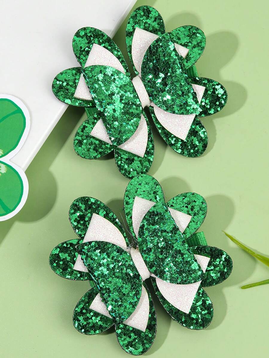 2pcs Green Glitter Hair Bows For Girls Cute Hair Clips St. Patrick's Day Theme Party Hairpins Side-Parted Bangs, Side Hair, Ponytail Barrettes Girls Teens Hair Accessories - Green - View 1