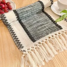 Black Striped Table Runner, Dual-Color Woven Tassel Table Runner, Rustic Style Woven, Suitable For Home And Dining Table Decor - Multicolor - View 12