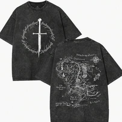 Camiseta Oversized del "Protocolo de Legado de la Tierra Media" de El Señor de los Anillos – Algodón Pesado Lavado Ácido, Gráfico de Cresta de Espada Élfica en el Frente y Mapa de las Tierras del Oeste en la Parte Trasera, Ropa de Calle Retro de Fantasía para Fans de Lorecore y Creyentes de la Hermandad