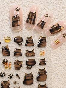 1张5D果冻可爱猫咪美甲贴纸，黑色黄色卡哇伊招财猫爪美甲贴纸，果冻设计，自粘小猫美甲贴纸，适合女性女孩美甲用品 - 彩色的 - 查看 5