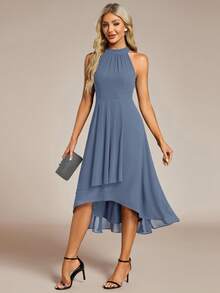 EVERPRETTY Elegant Ruffle Backless High-Low Hem Chiffon Bridesmaid Dress, Dusty Blue, Midi Length, Suitable For Wedding, Party, Formal Occasions Spring - Dusty Blue - View 3