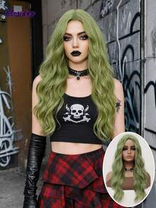 clouder Gothic Punk Green Long Wavy Curly Wig 26-Inch Center-Parted Bangs Heat-Resistant Synthetic Fiber Wig Women's Soft Voluminous Curls Suitable For Daily Cosplay, Street Style, Holiday Parties, Music Festivals, Y2K Aesthetic, Avant-Garde College Style, Modern Fashion Punk Looks - Green - View 1