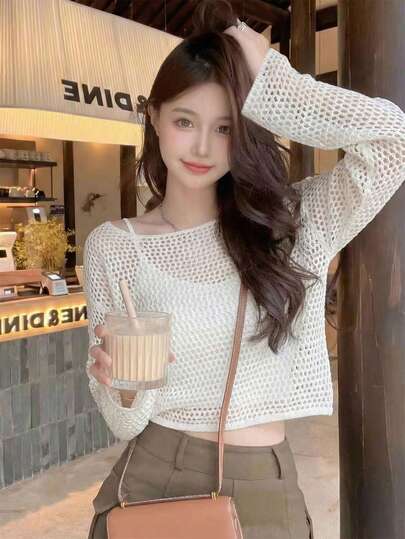 Summer Beige Hollow-Out Knit Top - Elegant Pure Yurty Sweet Casual Street Y2K Long-Sleeve Boat Neck Loose-Fit Sheer Ladies Knit Top & Ladies Blouse | For Young Ladies, Ladies, Sweet Girls, Y2K Girls & Hot Girls, Perfect For Valentine's Day/Women's Day/Mother's Day/Casual Hangout/Beach Vacation/Party Gathering/Back To School/Wedding Season/Music Festival/2026 Hollow-Out Knit Top