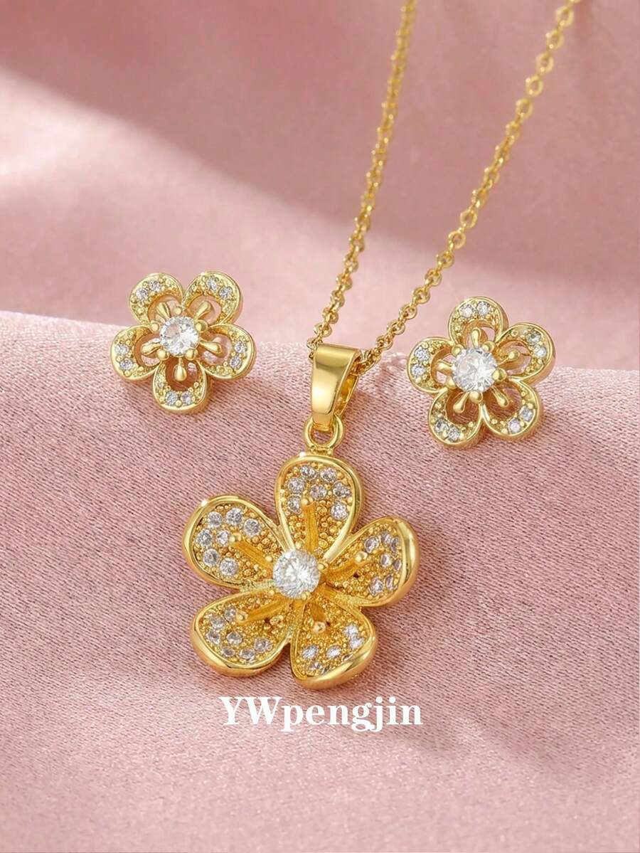 2pcs/Set Fashionable Cubic Zirconia Flower Necklace And Earrings, Suitable For Children Girls Party, Casual Wear, And Birthday Gift