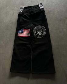 Y2K Black 3-Layer Waist Oversized Distressed American Flag Graphic Sweat Pants - Streetwear - màu đen - Xem 3