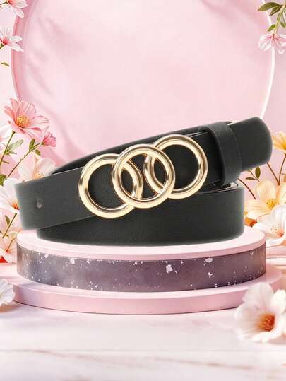 简约奢华三环扣装饰腰带，黑色人造革可调节腰带，适合通勤和休闲穿着