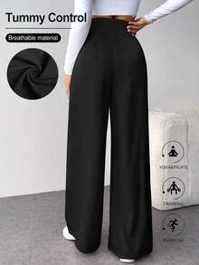 女士中腰直筒裤，纯色休闲喇叭裤，四季皆宜，成人尺码，宽松版型，适合办公室穿着，也适合工作和通勤，阔腿裤，涤纶面料，舒适柔软，七分裤 - 黑色 - 查看 4