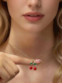 4件套精致项链手链组合，搭配可爱耳环，不锈钢材质链条，可爱樱桃度假风首饰套装。是女士毕业聚会和休闲派对的完美礼物。 - 櫻桃 - 查看 2