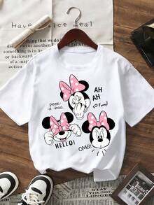 Disney Adorable Minnie Mouse Multi-Expression Print T-Shirt, Girls' Soft & Skin-Friendly Breathable Cotton Short Sleeve Top - 白色 - 查看 3