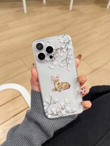 1pc Thick Transparent Anti-Drop UV Painted Pink TPU Phone Case With Minimalist White Flower And Cute Deer Pattern Design Compatible With Iphone 17/17 Air/17 Pro/17 Pro Max, 16/16 Plus/16 Pro/16 Pro Max, 15/15 Plus/15 Pro/15 Pro Max, Galaxy S25 Ultra, S24 Ultra Series. Provides Lens Protection And Can Be Used As A Protective Cover, Suitable As A New Year, Christmas, Halloween Or Valentine's Day Gift - Multicolor - View 1