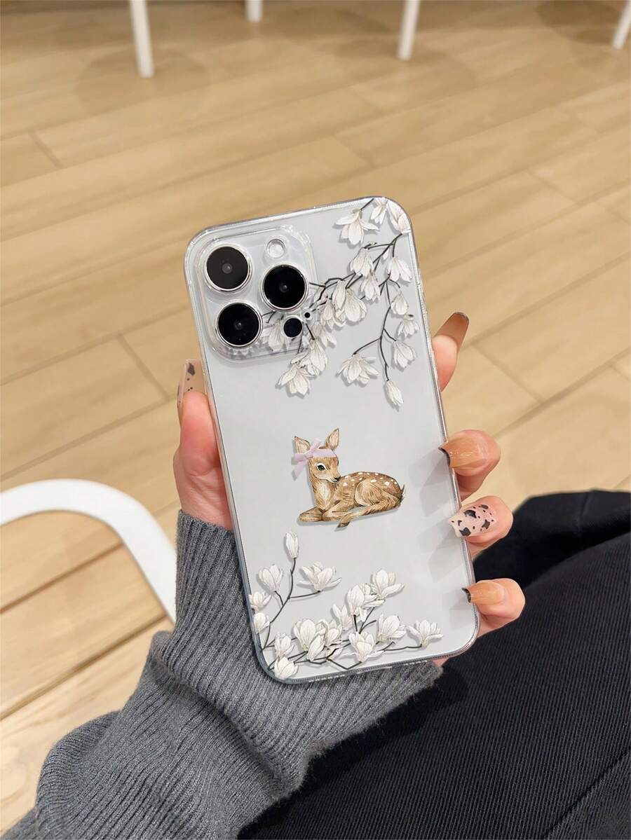 1pc Thick Transparent Anti-Drop UV Painted Pink TPU Phone Case With Minimalist White Flower And Cute Deer Pattern Design Compatible With Iphone 17/17 Air/17 Pro/17 Pro Max, 16/16 Plus/16 Pro/16 Pro Max, 15/15 Plus/15 Pro/15 Pro Max, Galaxy S25 Ultra, S24 Ultra Series. Provides Lens Protection And Can Be Used As A Protective Cover, Suitable As A New Year, Christmas, Halloween Or Valentine's Day Gift - Multicolor - View 1