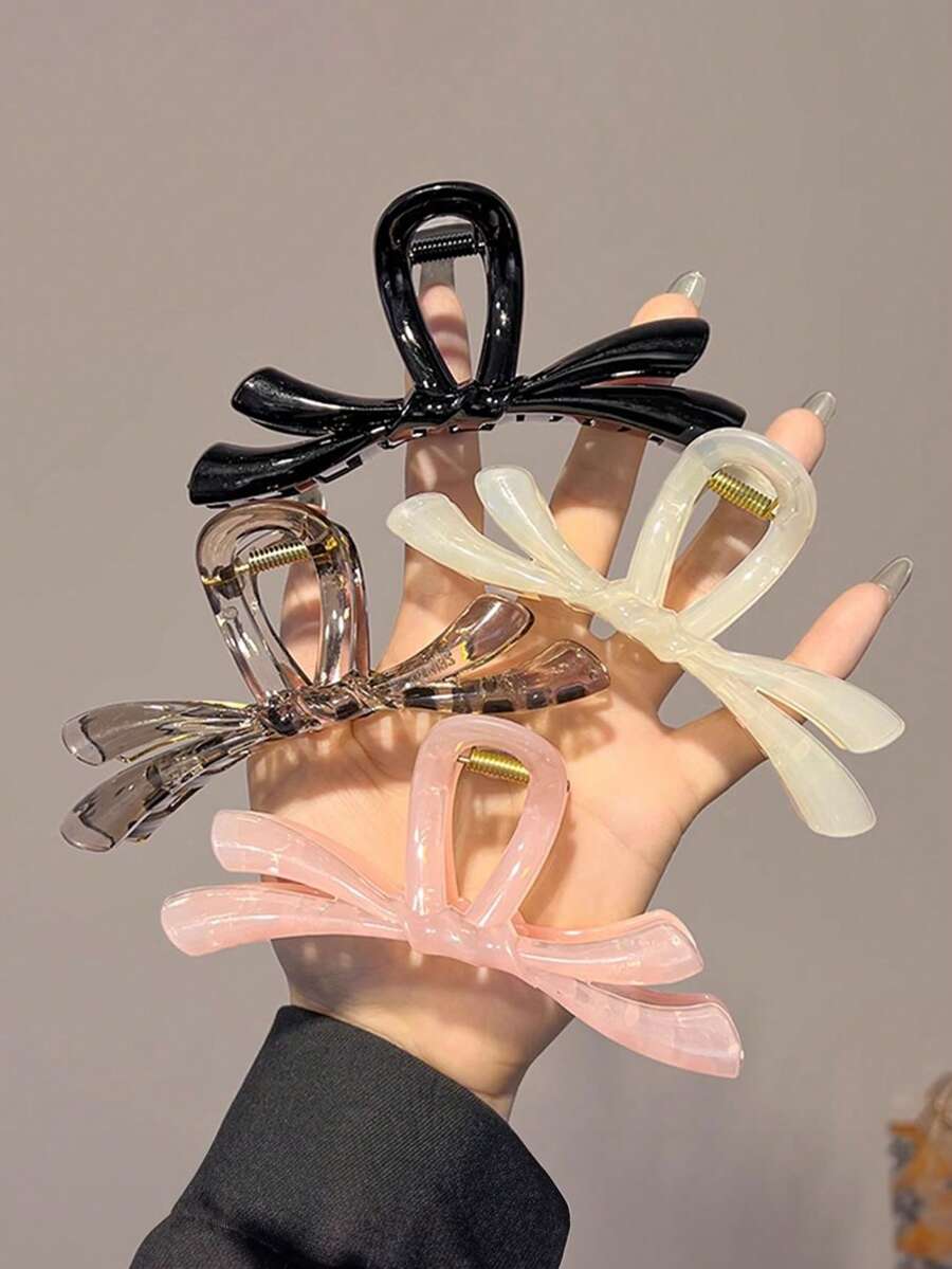 4pcs/3pcs/1pc Women Coffee Color Solid Bow Oversized Plastic Hair Clips, Fashion Versatile, Elegant Minimalist, Solid Marble Texture Hair Claws, Suitable For Daily, Casual, Party, Beach, Vacation, Hairstyling, Face/Hair Washing, Makeup, Outfit Accessories, Autumn Fashion Hair Clips, Autumn Hair Accessories, Winter Hair Clips, Summer Hair Clips - Multicolor - View 1