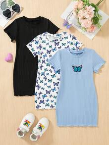 3件套女童蝴蝶印花纯色修身可爱短袖连衣裙，适合海滩度假，荷叶边下摆休闲连衣裙 - 藍色 - 查看 2