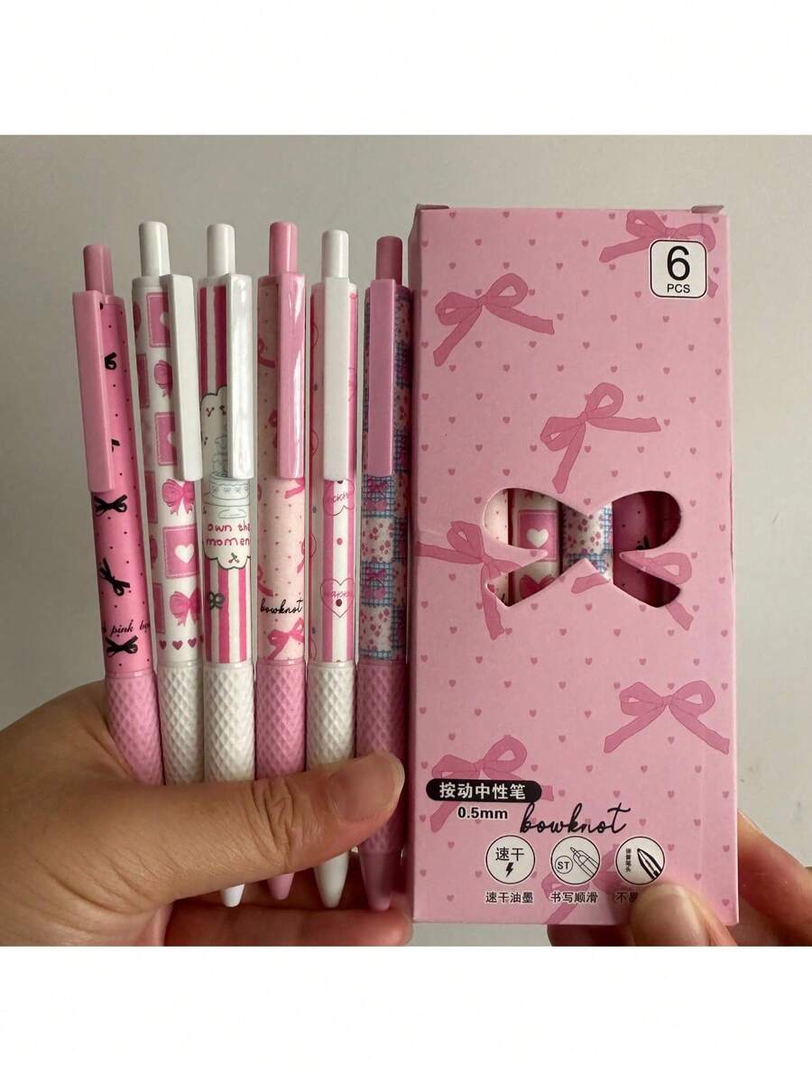 12支/6支/1支 粉色蝴蝶結快乾凝膠筆，0.5mm細尖，書寫流暢，適用於辦公室和教室，成人居家辦公、家庭教育、教室書寫、考試通用書寫筆，節日文具禮品，返校季節，流暢凝膠筆，考試筆，辦公用品，家庭禮品