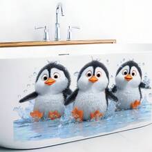 俏皮企鹅浴室墙贴 - 可爱的卡通企鹅和水花主题贴纸，自粘可移除，适用于厨房墙面和瓷砖装饰，趣味家居风格装饰 - 多色 - 查看 2