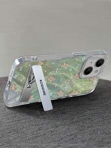1pc Feather Chiffon Full Coverage Phone Case With Gradient Ditsy Floral & 3D Metal Stand, Compatible With IPhone 11/12/13/14/15/16/17/Pro Max - Green - View 2