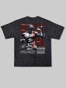 Zrgoth 男士休闲百搭简约雕塑英文标语印花水洗短袖T恤 - 黑色 - 查看 4