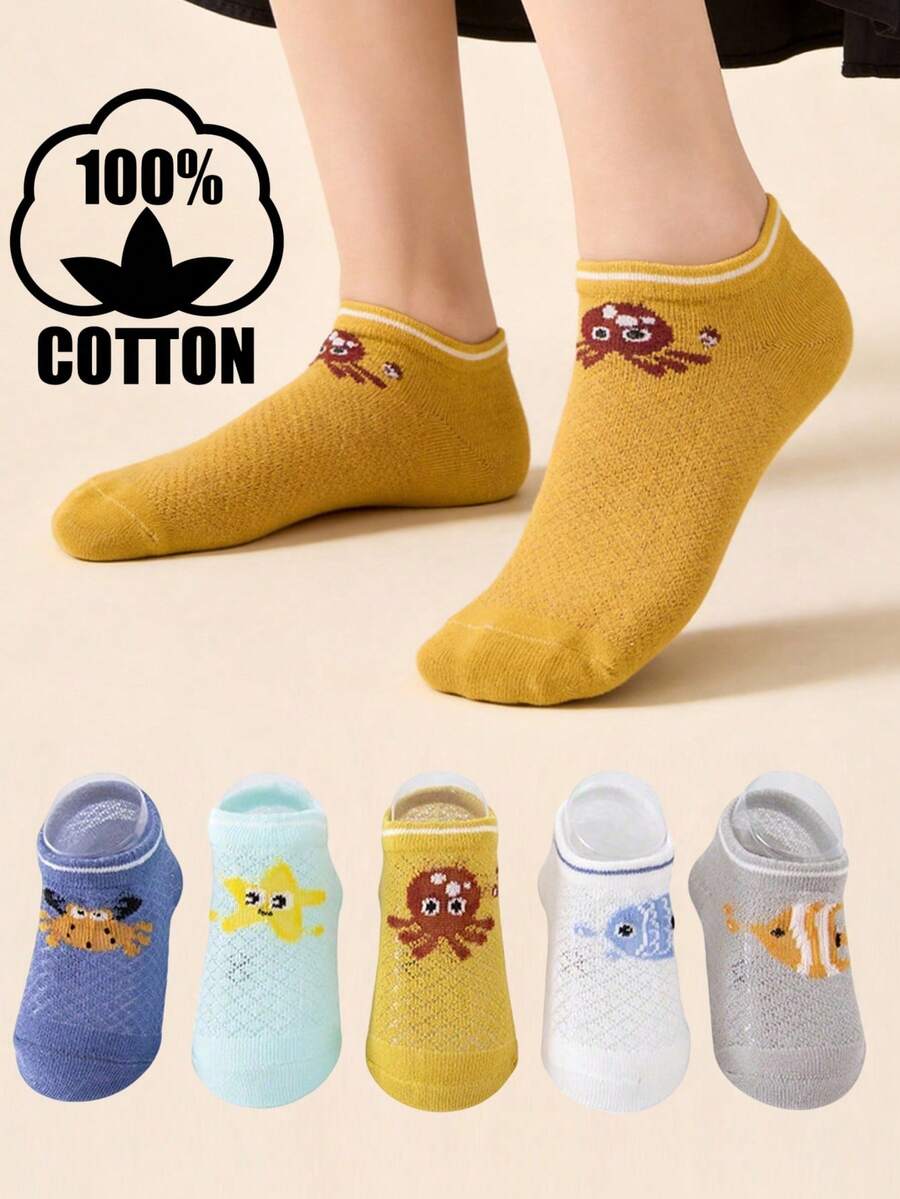 5 Pasang Kaos Kaki Pendek Anak-Anak Motif Kartun Hewan Laut Berbahan Katun, Berbahan Jala, dan Bernapas, Kaos Kaki Lantai Anti Selip Lucu untuk Bayi - MultiWarna - View 1