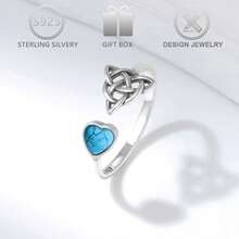 1pc 925 Sterling Silver Vintage Style Synthetic Turquoise Inlaid Asymmetric Celtic Knot Heart Design Open Ring, Suitable For Daily, Vacation Wear, Valentine's Day Gift - Antique Silver - View 3