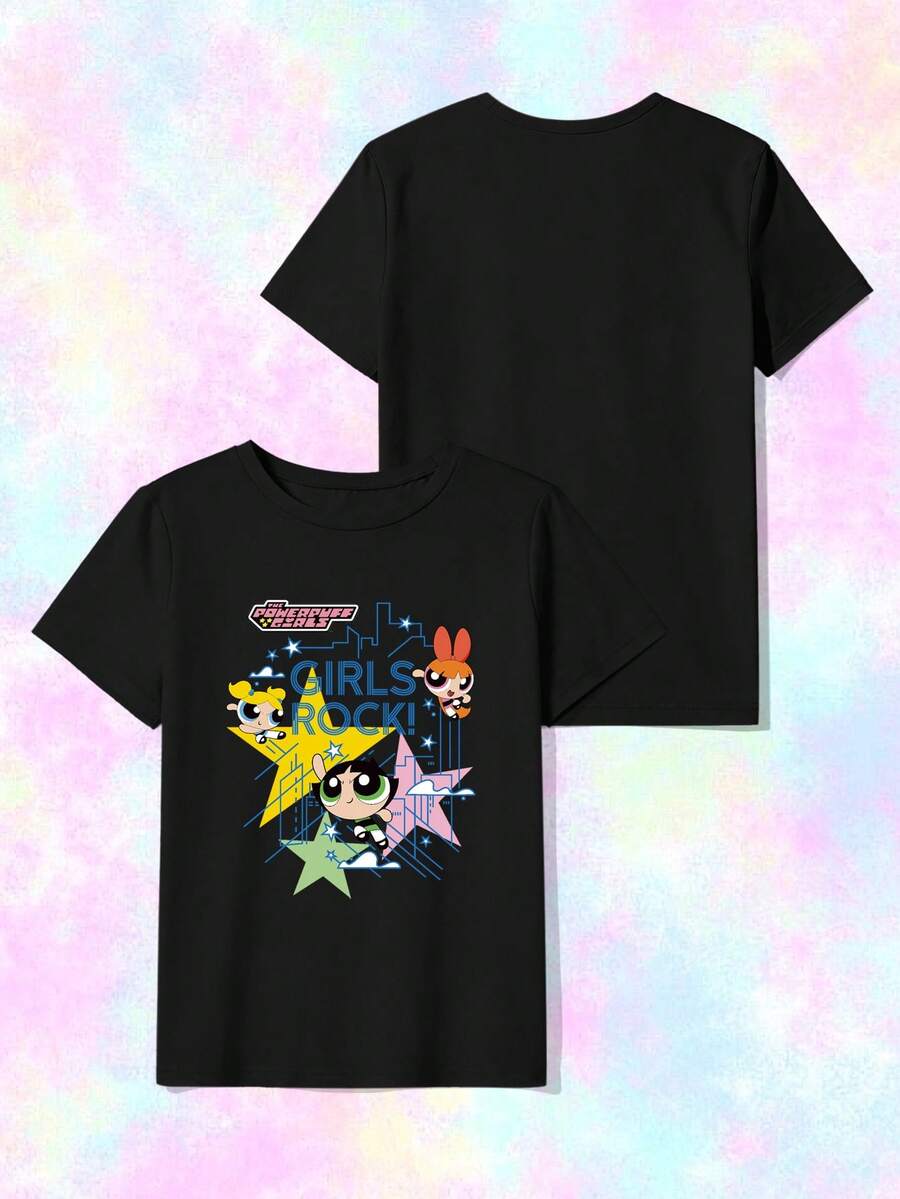 SHEIN X Powerpuff Girls 女士印花圆领上衣 - 舒适休闲风格,适合日常穿着 - 黑色 - 查看 1