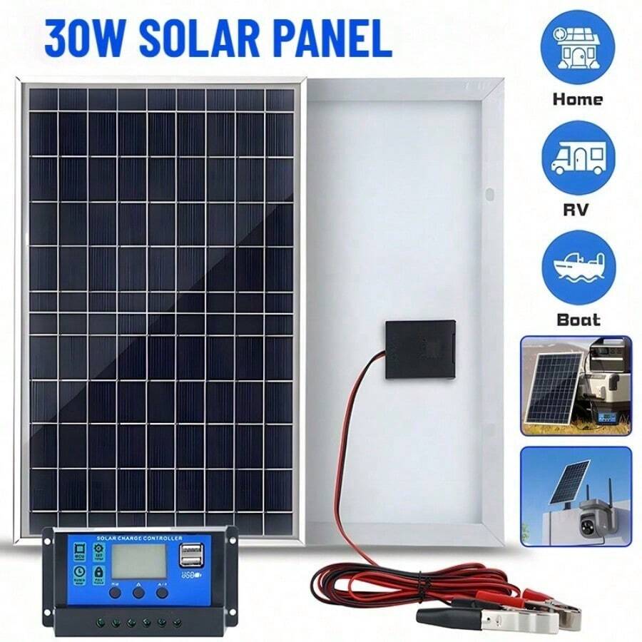 30W Portable Solar Panel Kit For Yard & Villa, Optional 100A Controller, Output 12V-18V-24V USB 5V, Suitable For Power Bank, Phones, Watches, House Solar System And Whole House Solar Power, Solar Power Bank - Black - View 1