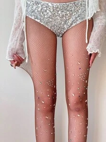 1 Pair Multicolor Asymmetrical Shiny Rhinestone Embellished Fishnet Stockings, Sexy Y2K Style Rhinestone Mesh Tights - Multicolor - View 20