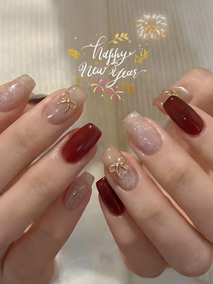 24片中号方形情人节美甲贴纸，酒红色闪光蝴蝶结装饰，中号全覆盖亮面假指甲套装，包含：1瓶胶水和1个指甲锉，方便日常佩戴，适合女性和女孩的美甲用品。 - 彩色 - 查看 1