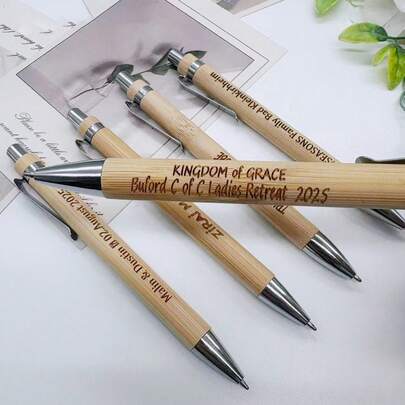 6pcs Mistakenly Printed Bamboo Retractable Ballpoint Pens - Stylus Pens, Bulk Misprinted Pens, Wholesale For Office, Home, School, Suitable For Halloween, Christmas, Black Ink, Affordable Price