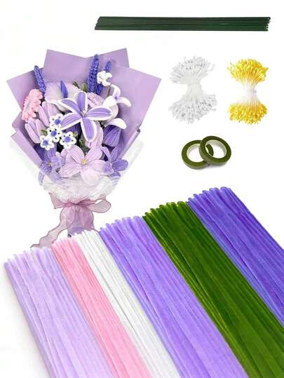 524 piezas Palitos de fieltro de colores surtidos - Juego de limpiapipas de bricolaje y ramos, Manualidades con limpiapipas, Juego de ramos de limpiapipas con estambres florales y cintas para ramos, Tallos florales, Palitos de fieltro morados para artes y manualidades