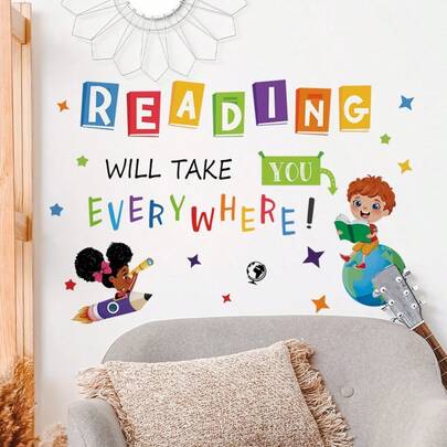 励志阅读墙贴 - “阅读带你到天涯海角” PVC贴纸，彩色书籍和彩虹图案，自粘式，适用于卧室、书房或客厅装饰，现代风格，书籍装饰