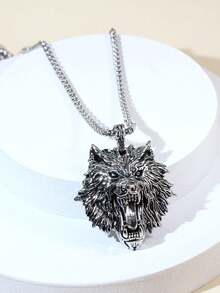 1件黑色3D立体凶猛狼头吊坠项链 - 狼頭 - 查看 7